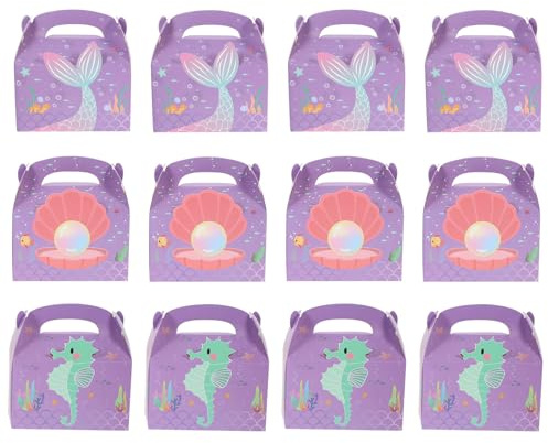 Meerjungfrauen Geschenkboxen mit Griff 12 Stück Papier Lavendel | Leicht, Tragbar, Wiederverwendbar, Schlichtes Meeresthema, für Babyparty und Feiertag, Elegante Ausführung