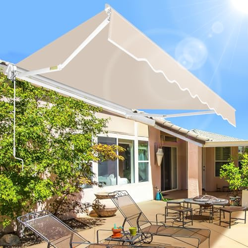 Eikuavons Gelenkarmmarkise, 350x300cm Manuelle Markise mit Handkurbel, Sonnenmarkise Winkel Einstellung bis 30 Grad, Sonnenschutz Wasserschutz inkl. Wandhalterung, Beige