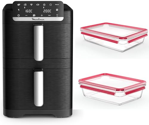 Moulinex Air Fryer Crispy Stack, 10 L, 2 tiroirs verticaux 6L et 4L, 7 programmes intuitifs, synchronisation des cuissons, Noir EZ7528F0 + Emsa Clip&Close lot de 2 Boîtes en verre, 2 L et 3L