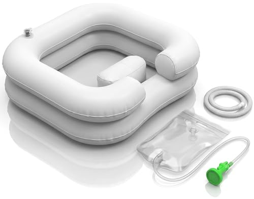 Haarwaschbecken für Bettlägerige mit Duschkopf und Ablaufschlauch | Set mit Wassersack und 1-m-Ablauf zur Haarwäsche im Bett; Anwendung und Lagerung hygienisch durchführen.