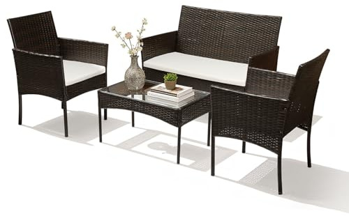 Jaxguom Set med polyrattan trädgårdsmöbler, 4-delad sittgrupp inkl. 2 soffor, bord och 2 stolar, väderbeständiga balkongmöbler, set för liten balkong, rotting lounge för terrass och trädgård, brun
