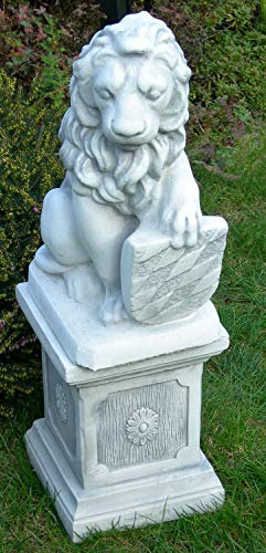 Deko Garten Figur Statue Löwe Wappen Links auf klassischer Säule als Satz Gesamthöhe 65 cm Skulptur aus Beton