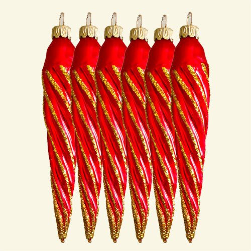 Lauschaer Glaskunst-Christbaumkugel Eiszapfen 12 cm - 4 Stück, Hängender Schmuck, Glas, Weihnachten, Klassisch, Eislack Rot