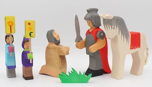 Holzspielwaren Ackermann Sankt Martin & Bettler – Adventfiguren aus Holz, inkl. Pferd und Laternen-Kindern (im Set, 6-teiliges Holzspielzeug)