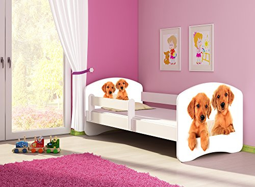 CLAMARO 'Fantasia Weiß' 180 x 80 Kinderbett Set inkl. Matratze und Lattenrost, mit verstellbarem Rausfallschutz und Kantenschutzleisten, Design: 39 Welpen Zwillinge
