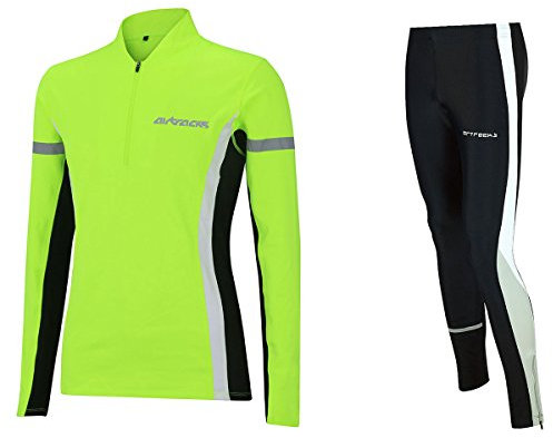 Airtracks Herren Winter Laufset Thermo Laufhose Lang Laufshirt Langarm Sweatshirt Fleece Funktionsshirt Sport Langarmshirt Jogginghose Leggins - schwarz-neon - S