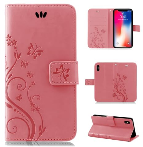 betterfon Hülle Kompatibel mit Apple iPhone X | Premium PU Leder Handyhülle Wallet Case für iPhone X | Schutzhülle Blumen Klapphülle Handyhülle | Rosa