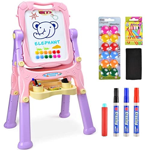 The Magic Toy Shop Kids Folding Double-Sided Magnetic Easel - 360° Rotating & Removable Drawing Board with Blackboard & Whiteboard - Magnets, Chalks, Markers, Stand - Art, Painting, & Writing (Pink)