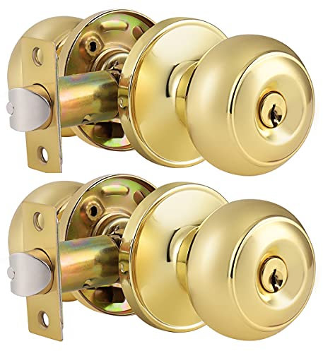 Probrico Polished Brass Entry Door Knobs With Key - Stainless Steel Exterior Lock for Front Entrance, 2 Pack