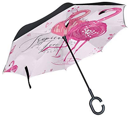 Wamika Regenschirm mit rosa Flamingo-Vögeln, umgekehrt, doppelschichtig, Winddicht, selbststehend, UV-Schutz, Nicht automatisch, groß, gerade, Kopf, C-förmiger Griff für Auto Regen