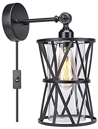 VOMI Vintage Glas Wandleuchten Verstellbare Industrielle E27 Retro Schwarze Metall Dachboden Wandlampen Innen 180 Grad Drehbar Küchenbeleuchtung mit Schalter Netzkabel für Schlafzimmer Restaurant