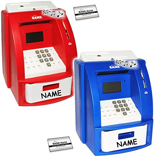 alles-meine.de GmbH 2 TLG. Set elektrische Spardosen - Geldautomat - blau + rot - incl. Namen - mit Sound + PIN Geldkarte + Sparzähler + Alarm Funktion + Zählfunktion/sta..