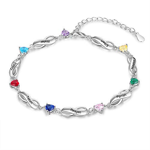 ALBERTBAND Armbänder Personalisiertes Silber Infinity Armband mit 1-7 Namen und Charms Simulierte Geburtssteine Verstellbare Armbänder für Frauen Mädchen (7 names)