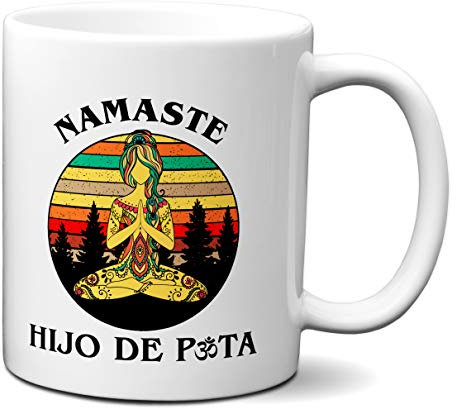 Planetacase - Taza Namaste Graciosa - Yoga Meditación Zen - Símbolo Om Buda - Desayuno Café - Cerámica Lavable Microondas - 330 mL