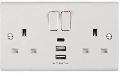 Deta S1288 Slimline 13A 2 Gang Switched Socket with 3 USB Ports (1 x Type C + 2 x Type A, 4.0A)