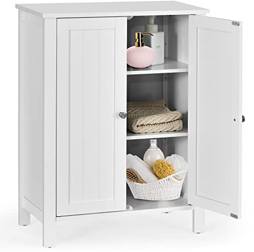 Giantex Badezimmerschrank mit 2 Etagen, selbsttragend, mit 2 Türen aus Holz, 60 x 30 x 80 cm, Weiß