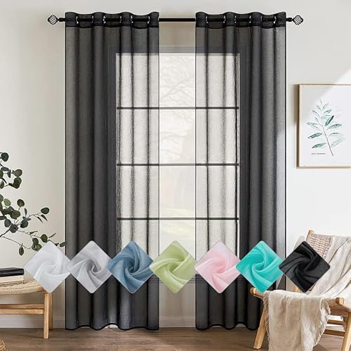 EMEMA 2er Set Sheer Voile Vorhang mit Ösen Transparente Gardine aus Voile Polyester Ösenschal Transparent Wohnzimmer Luftig Dekoschal für Schlafzimmer 140 X 225 cm (B x H) Schwarz