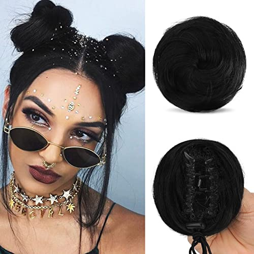 Sofeiyan Dutt Haarteil,Space Buns Haarteil,2PCS Haarteil mit Klammer | Clip in Haar Bun Mini Messy Bun Haarteile Dutt Synthetik Haar Donut Chignon für Damen,Aus Schwarz