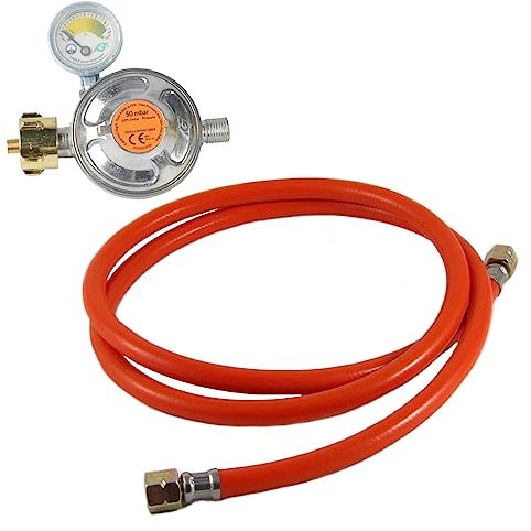 KAGM Gasschlauch 80 cm + Druckregler mit Manometer 50mbar 1,5kg/h, für Flüssiggasflaschen bis 11kg, für Gasgrill, Heizstrahler, Hockerkocher, Gaskocher etc