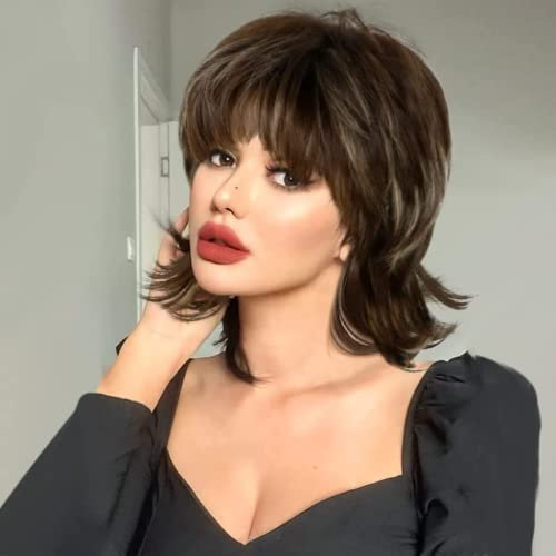 PHOCAS Braune Mullet Perücke Shaggy Layered Flauschige Perücke 80er Jahre Rocker Perücke für Frauen Braun Lockige Perücke Hitzebeständige Cosplay Halloween Kostüm Haarersatz Perücken