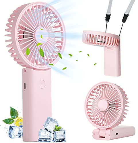 Hianjoo Ventilatore Portatile 3 in 1, 3000 mAh Ricaricabile Ventilatore da Tavolo Pieghevole 90°, Ventilatore da Collo, 3 Velocità Regolabili Ventilatore Personale Ricaricabile USB con Cordino(Rosa)