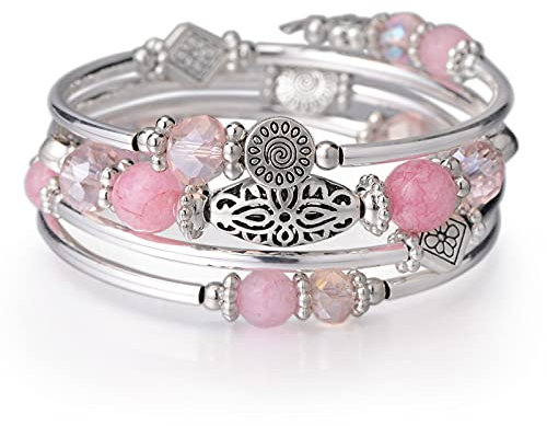 FULU AUTUMN Avvolgere il Braccialetto a Strati D'argento con Perline Bracciali Rigidi Impilabili Bohémien Gioielli Regali per La Festa Della Mamma(Rosa)