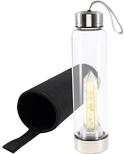 Soulnioi Kristallglas Wasserflasche Kristall, Trinkflasche Sechseckiges Glas Schutzhülle mit zerkleinerten Steinen Abnehmbar Tragbar Auslaufsicher Edelsteinflasche Kreatives Geschenk- Gelb/550ML
