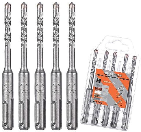 HPMAISON SDS Plus Rotary Hammer Drill Bit Set 6mm x 110mm, 5PCS Cross Drill Bits Hammer Impact Drill Bit 4-Cutter Carbide Tips for Drilling Stone, Concrete, Brick Wall, Cement, Masonry