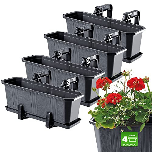 KADAX Jardineras Elegantes con Platos y Soportes para Barandillas de Balcón, Macetas Rectangulares de Plástico, Maceteros Colgantes (4: Grafito, 40 cm)