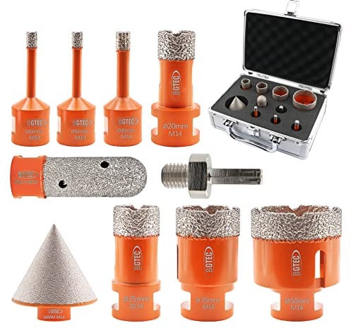 BGTEC Diamant Fliesenbohrer Set - 10Stück(6/6/8/20/25/35/35/50mm+20mm Fingerbohrer+50mm Senker+Sechskantschaftadapter) mit M14 Gewinde zum Bohren in Porzellan,Keramik,Fliesen,Granit