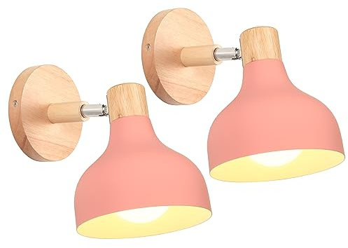 iDEGU 2 Stücke Wandlampen Retro E27 Wandleuchte Moderne aus Holz Metall im Skandinavischen Stil Lampenschirm Tropfenförmig Verstellbare Wandspot Vintage Lampe für Schlafzimmer Wohnzimmer (Rosa)