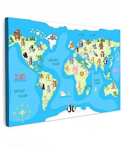 MuchoWow© Leinwand Bilder Groß 120x80 cm XXL Wanddeko Wohnzimmer Aesthetic Room Decor Deko Zimmer Wandbilder Modern Fotogeschenke Wand Bild Weltkarte Kinder - Landkarte Welt - Tiere - Kinderzimmer