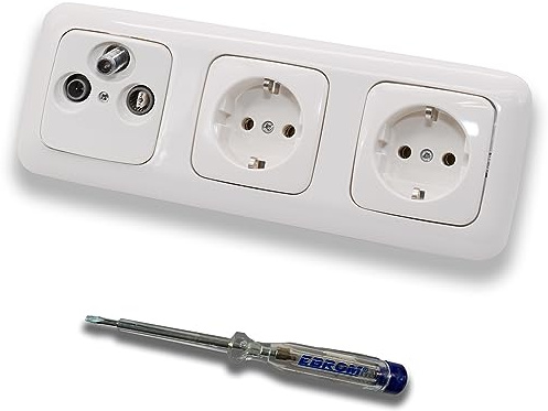 Busch Jäger SET: Unterputz 3-Loch Dose 47-2150 MHz, Enddose Stichdose, Radio/TV/SAT-Kompatibilität + ReflexSi alpinweiß 3fach Rahmen + 2x Steckdose 20EUC-214 + EBROM Phasenprüfer zur Montage d. Geräte