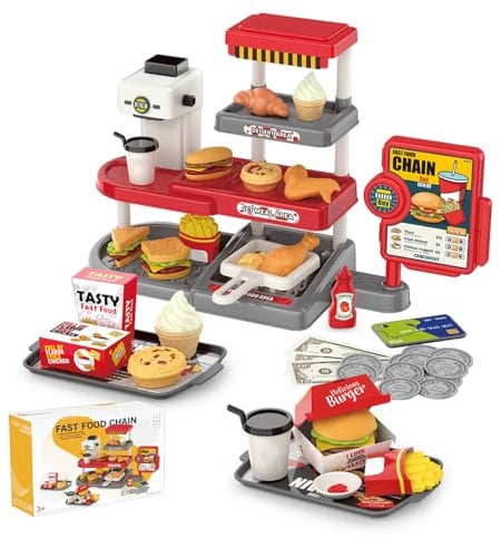 Juego Tienda de Comida Rápida Juguete con Cafetera Realista Lector de Tarjetas Set Jueguete de Tienda de Comestibles con Simulación de Hamburguesa Papas Fritas Sándwich etc Juego de Dinero para Niños