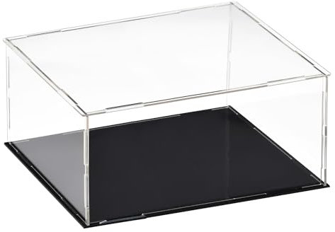 Recogwood Transparente Acryl-Vitrine, 25 x 20 x 10 cm, zusammenbaubar, Würfel-Organizer, Ständer, staubdichter Schutz, Vitrine mit schwarzem Sockel für Actionfiguren, Spielzeug, Sammlerstücke