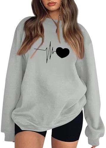 Valentine's Day Sweatshirt for Women Cute Love Heart Graphic Pullover Tops O-Neck Long Sleeve Casual Loose Blouses Fall Outfits 2024 Clothes Womens Valentines Day Sweatshirt gray Medium