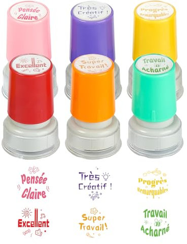 SOSALUK Tampon Enseignant Français 6PCS Tampon Auto Encreur Enfant Tampons Encreurs Cadeau Professeur Enseignants Ecole avec Motif Mignon pour Encourager Motiver Élèves