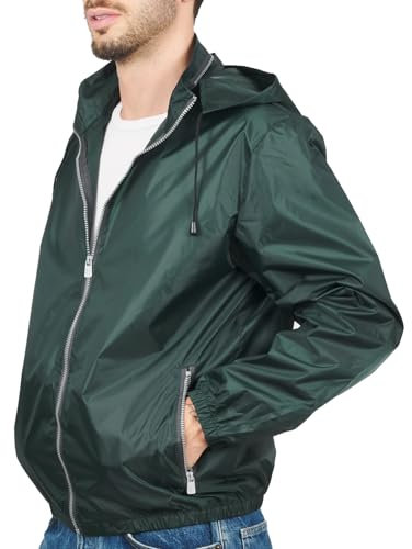 Veste Coupe Vent Homme Femme avec Détails Réfléchissants - Veste Cape de Pluie Imperméable Mi Saison pour Fille Garçon - Windbreaker avec Capuche Résistant Léger pour Sports de Plein Air (L, Vert)