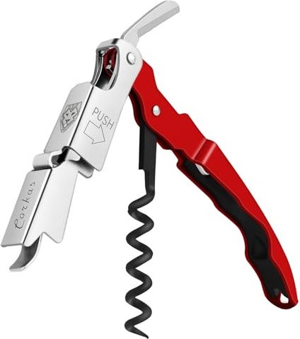 CORKAS Tire Bouchon Professionnel, Couteau de Sommelier, qualité hôtel et Restaurant, Couteau de Serveur avec Décapsuleur et Coupe-Capsule, Ouvre Bouteille en Acier Inoxydable (Rouge)