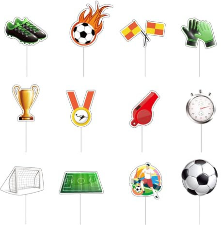 PT Haahoos 12Pcs Football Cake Topper Set, Football Cake Decorations with Cupcake Picks, Glitter Cupcake Muffin Toppers for Man Boy Kids Sports Soccer Ball Theme Party Supplies