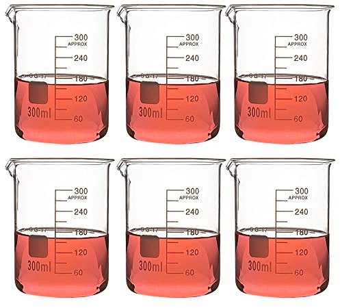 6 vasos de precipitados de vidrio de forma baja, (100 ml, 150 ml, 200 ml, 250 ml, 300 ml) Vaso de laboratorio de borosilicato, vaso de medición de vidrio con graduación y pico vertedor, para laborat