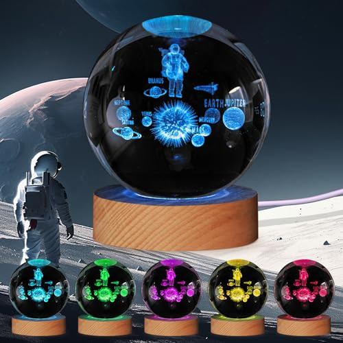 3D Solar System Kristallkugel Nachtlicht, 3,15 Zoll Glaskugel 7 Farbe wechselnde für Schlafzimmer Dekoration Lampe, Weihnachten Geschenke Geburtstag Geschenk für Jungen, Mädchen (Astronaut Lamp)