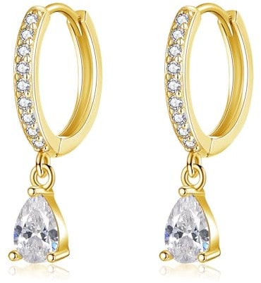 Cangall Silver Drop Hoop Earrings for Women, 925 Sterling Silver With Teardrop Dangling, Hypoallergenic CZ Cute Cartilage Sleeper Earrings