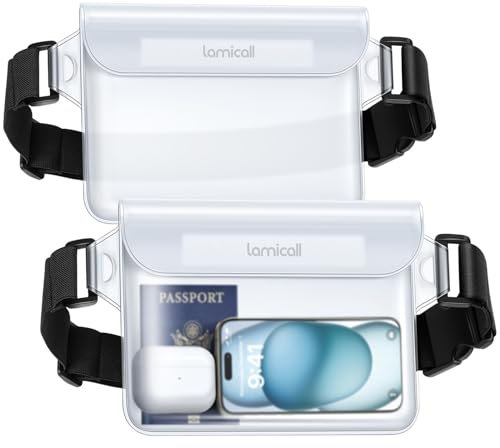 Lamicall wasserdichte Tasche, wasserfester Beutel - [2 Stück] wasserdichte Bauchtasche mit einstellbarem Band, IPX8 Waterproof Bag für Wassersport, Strand, Schwimmen, Bootsfahrten - Transparent