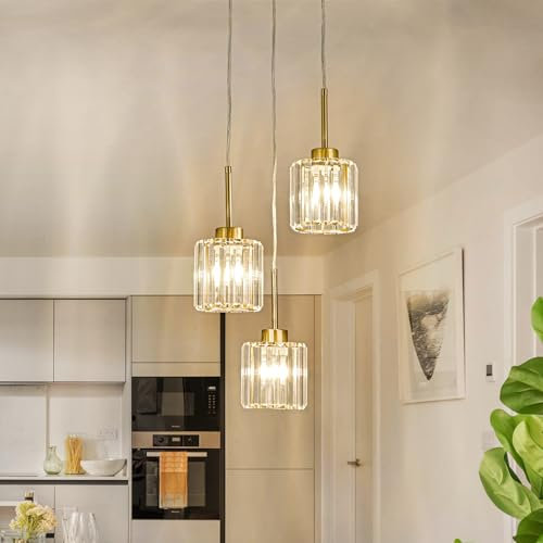 OYIPRO Moderne lineare Insel Kristall Hängeleuchte, Mini Kristall Kronleuchter, 3-flammige verstellbare Pendelleuchte für Esszimmer, Küche, Eingangsbereich, Hausbar, Wohnzimmer