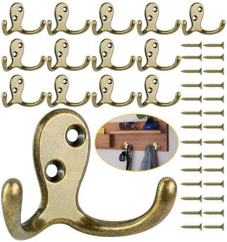 Homanu 14 Pack Heavy Duty Double Prong Coat Hooks, Wall Mounted with 28 Screws, No Rust Antique Brass Hooks for Hanging Towel, Bag, Hat, Cup, Key
