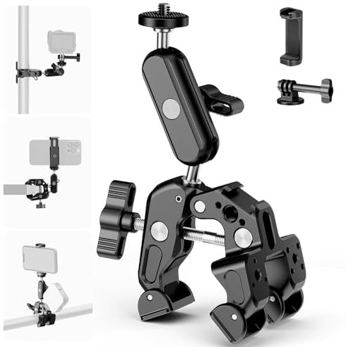 NEEWER Super Morsetto+3 Magic Arm con 2 Teste Sfera, Camera Phone Clamp Mount con Filetti 1/4 3/8, Cold Shoe, Portatelefono, Adattatore Action Cam Compatibile con GoPro DJI iPhone 15 Pro Max, ST88
