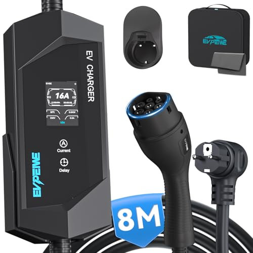EVPEIWE EV Cargador Cable de Carga Tipo 2 Schuko [3,68 kW, Corriente Regulable 6-16A, 8M] Cargador Coche Eléctrico Portátil para Vehículo Eléctrico IEC 62196-2, IP65 Estación de Carga EV con Bolsa