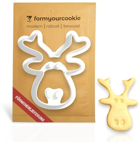 Weihnachtsausstecher mit Stempel für Plätzchen mit Prägung Ausstecher Rentier Elch Kopf Weihnachten Keksausstecher Ausstechform Geschenk Nikolaus Backzubehör Küche FORMYOURCOOKIE
