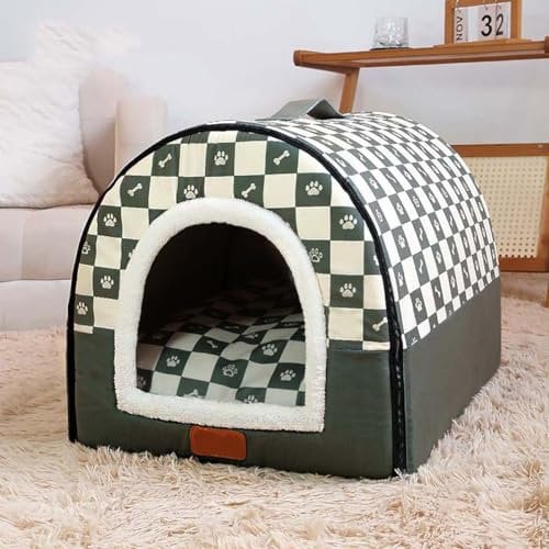 Pet House 2 In 1 Enclosed Dog Kennel, Cat Cave Warm Sleeping Nest with Removable Anti-Anxiety Cushion, Cozy Dogs Igloo House Non-Slip Pet Bed (M, Green)